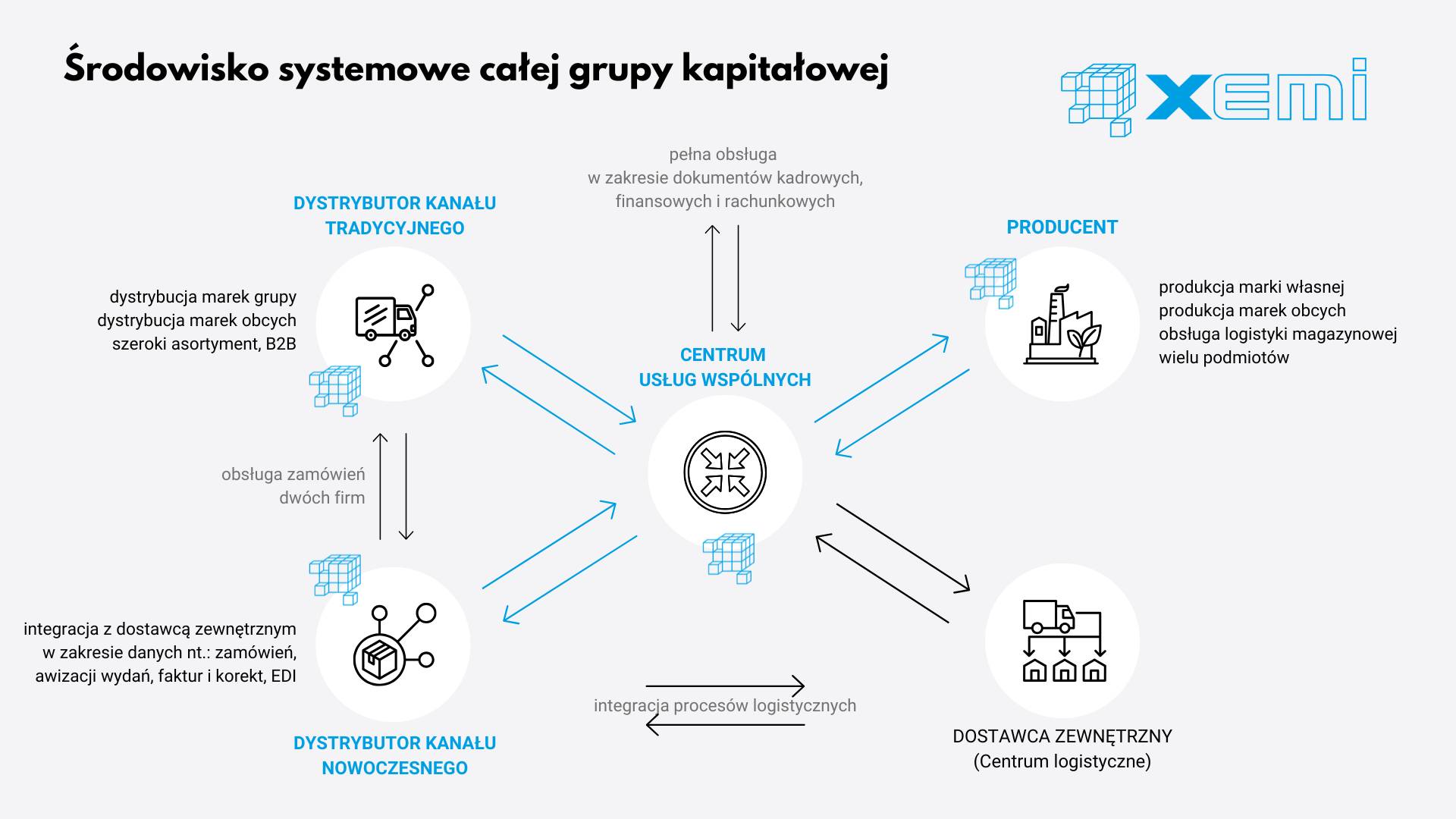 Schemat wdrożenia systemów XEMI w grupie firm z branży środków ochrony roślin, pokazujący współpracę producenta, dystrybutorów, centrum usług wspólnych i dostawcy logistycznego.
