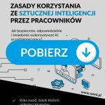 Grafika promująca zasady bezpiecznego korzystania ze sztucznej inteligencji w pracy, zawierająca poradnik dla pracowników dotyczący odpowiedzialnego używania AI i ochrony danych.