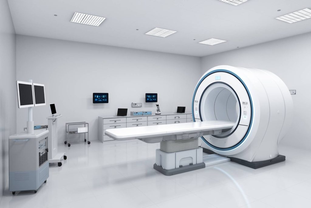 Nowoczesna pracownia diagnostyczna wyposażona w zaawansowane urządzenia medyczne. Grafika przedstawia znaczenie profesjonalnego serwisu sprzętu medycznego, przeglądów technicznych aparatury oraz cyfrowego zarządzania zgłoszeniami i dokumentacją serwisową.