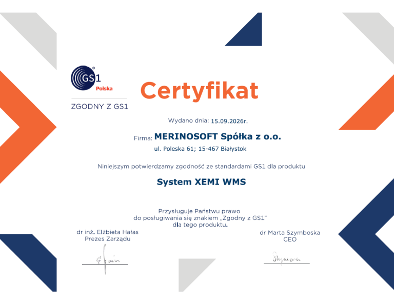 certyfikat dla Firmy Merinosoft Spółka z o.o. XEMI WMS potwierdzający zgodność ze standardami GS1