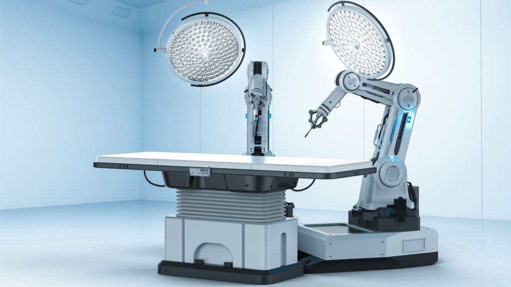 Robotyczny system chirurgiczny i stół operacyjny w sali medycznej. Aparatura medyczna wymagająca regularnego serwisu, przeglądów i ewidencji w systemie serwisowym.